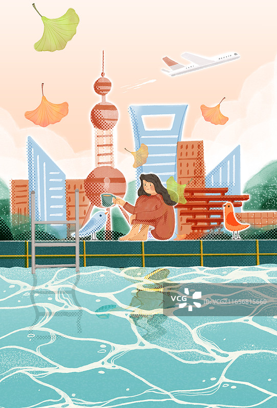 上海城市的建筑和落叶图片素材