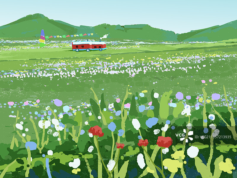 夏日草原治愈风景插画，绿色高山野花与复古红巴士，清新自然风海报素材图片素材