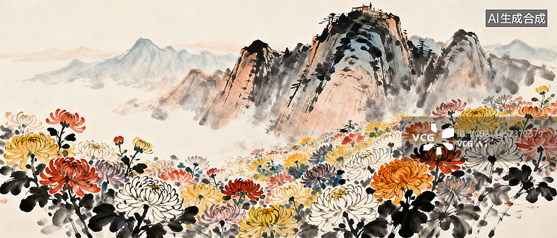 【AI数字艺术】中国风水墨山水秋菊绽放背景图片素材
