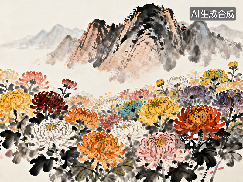【AI数字艺术】中国风水墨山水秋菊绽放背景图片素材
