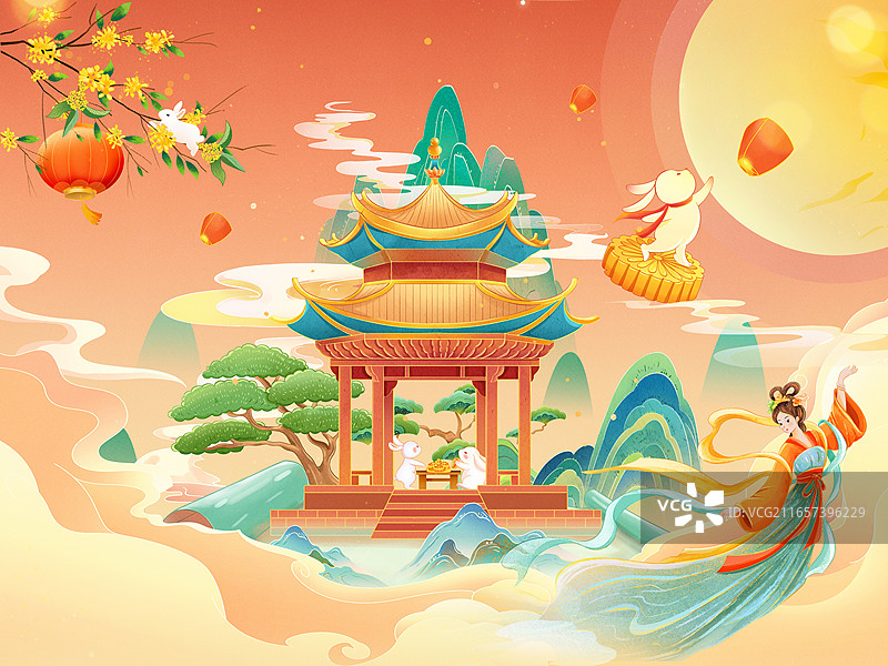 国风传统节日-中秋节，嫦娥飞舞在满月下，两只兔子在凉亭里吃月饼赏月，青山背景，月饼上的兔子奔月，横版图片素材