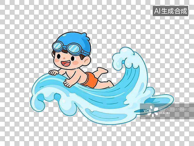 【AI数字艺术】穿着泳衣在水浪上消暑的小男孩图片素材