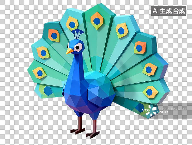 【AI数字艺术】低多边形插画，蓝绿孔雀开屏白背景，动物世界孔雀开屏卡通主题。图片素材