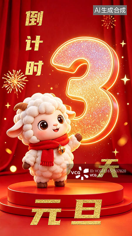 【AI数字艺术】倒计时3天羊年吉祥物卡通公仔 红色圆形电商展台 立体发光粒子数字闪粉鎏金渐变金边发光 喜庆背景烟花图片素材