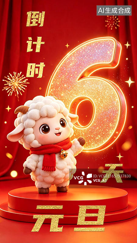 【AI数字艺术】倒计时6天羊年吉祥物卡通公仔 红色圆形电商展台 立体发光粒子数字闪粉鎏金渐变金边发光 喜庆背景烟花图片素材