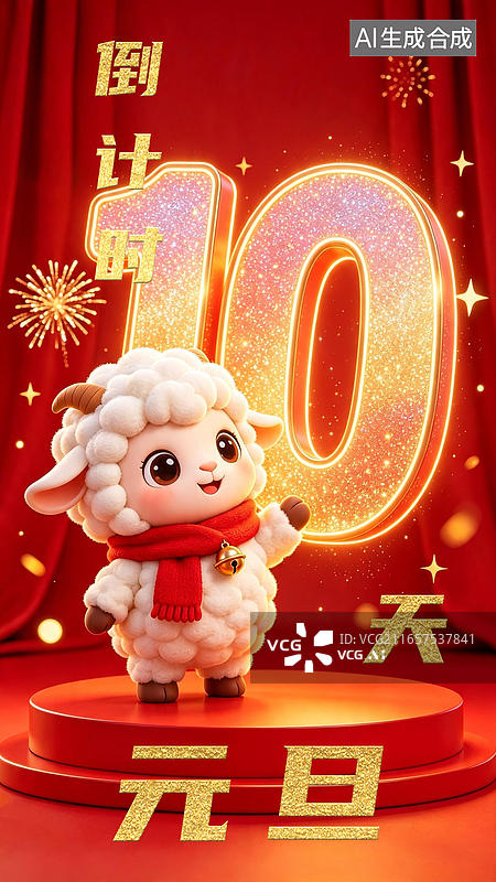 【AI数字艺术】倒计时10天羊年吉祥物卡通公仔 红色圆形电商展台 立体发光粒子数字闪粉鎏金渐变金边发光 喜庆背景烟花图片素材