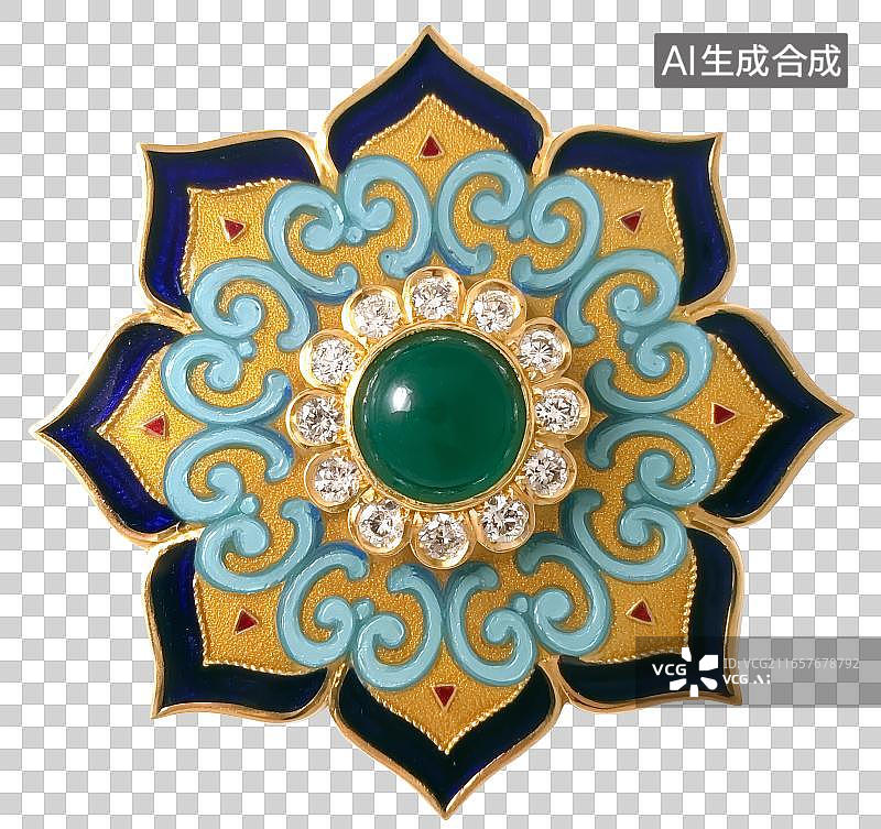 【AI数字艺术】免扣元素镶嵌翡翠与钻石的金色景泰蓝花朵胸针特写图片素材