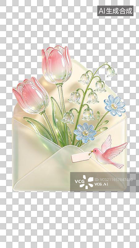 【AI数字艺术】清新治愈的数字插画，浅绿渐变带细闪颗粒的背景，清新玻璃材质情人节信封图片素材