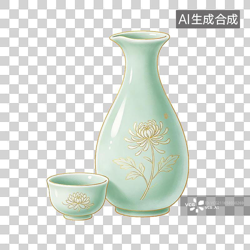 【AI数字艺术】青瓷描金菊花酒壶酒杯中式古风插画图片素材