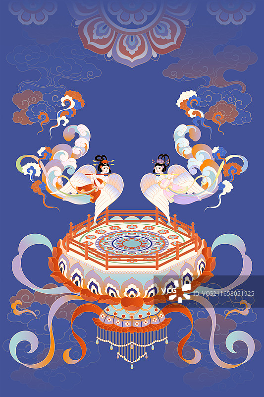 敦煌飞天鸟身仙女莲花纹样莲花台飘带祥云国风插画图片素材