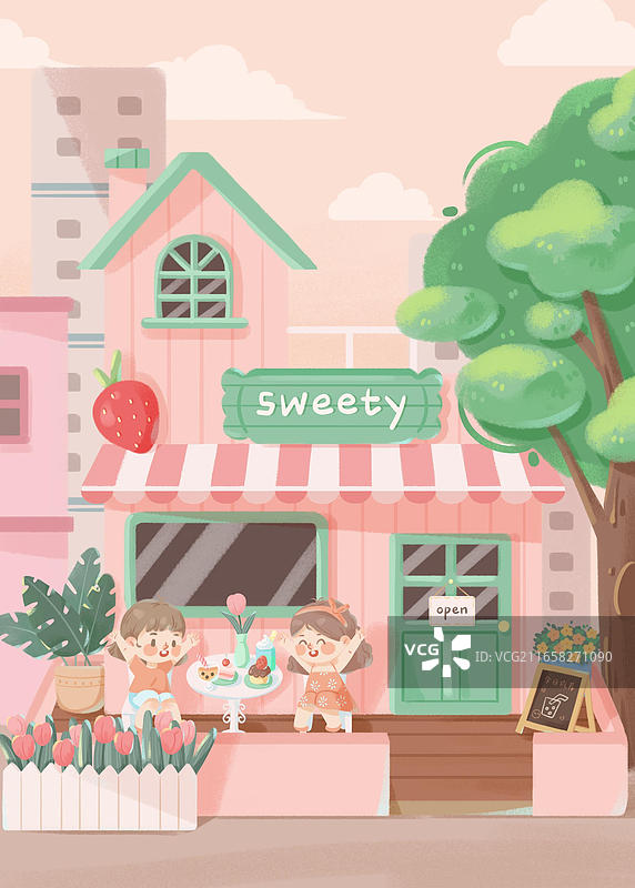 温馨街边卡通小店风景插画清新粉色扁平化商铺场景图片素材