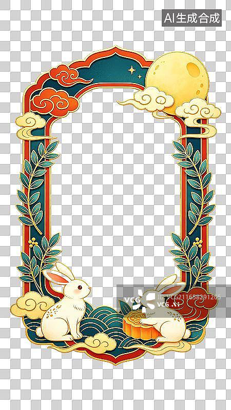 【AI数字艺术】国风唯美祥云桂花玉兔边框插画元素图片素材
