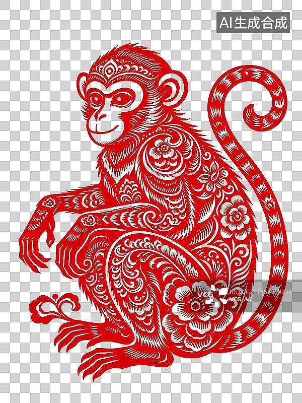 【AI数字艺术】猴年纹样剪纸生肖图案插画元素图片素材