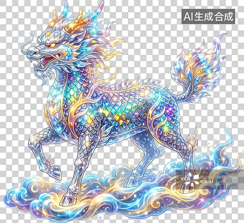 【AI数字艺术】彩色祥云上的发光神兽麒麟图片素材