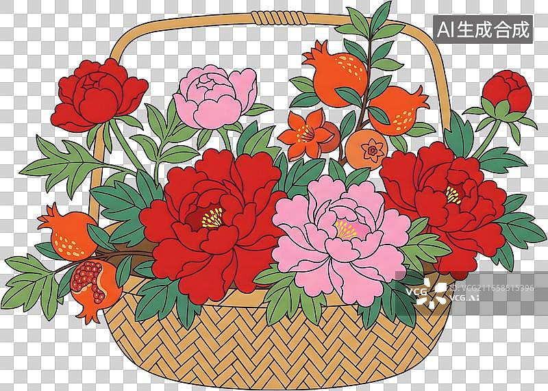 【AI数字艺术】编织花篮盛放牡丹石榴花卉图片素材