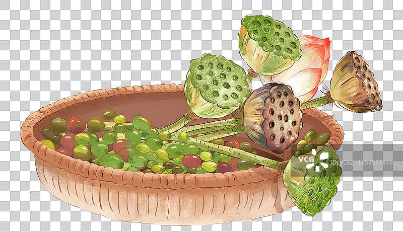 复古秋天节气插画，秋天应季植物，竹篮里的莲蓬、荷花和莲子，国风静物组合图片素材
