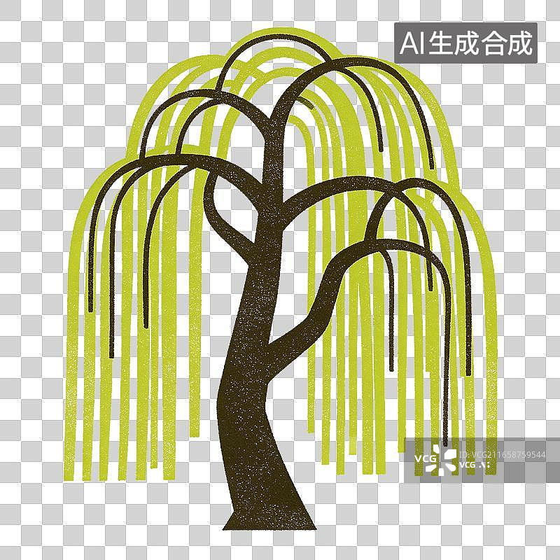 【AI数字艺术】绿色垂柳线条插画图片素材