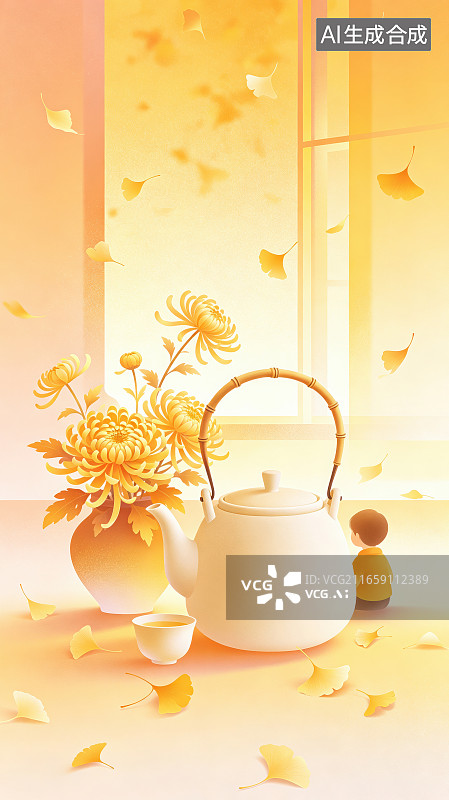 【AI数字艺术】渐变颗粒感插画茶壶碗中盛放盛放秋菊满地飘落银杏叶二十四节气立秋夏日意境图片素材