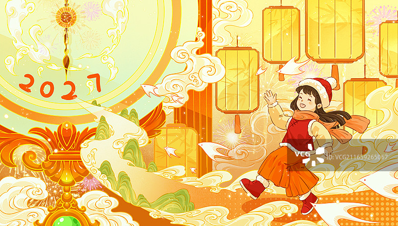 2027元旦新年国潮风喜庆背景下女孩与表盘祥云灯笼创意插画图片素材
