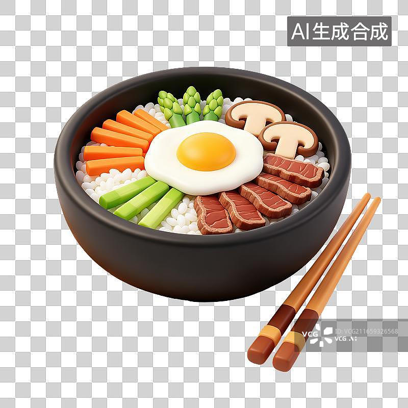 【AI数字艺术】3D轻拟物石锅拌饭中心溏心煎蛋搭配牛肉片芦笋胡萝卜菌菇韩式正餐元素图片素材