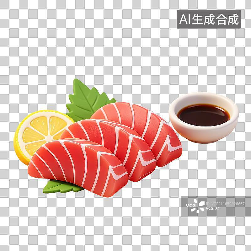 【AI数字艺术】3D轻拟物三文鱼刺身蘸料摆盘搭配柠檬片紫苏叶酱油小碗芥末膏生鲜料理元素图片素材