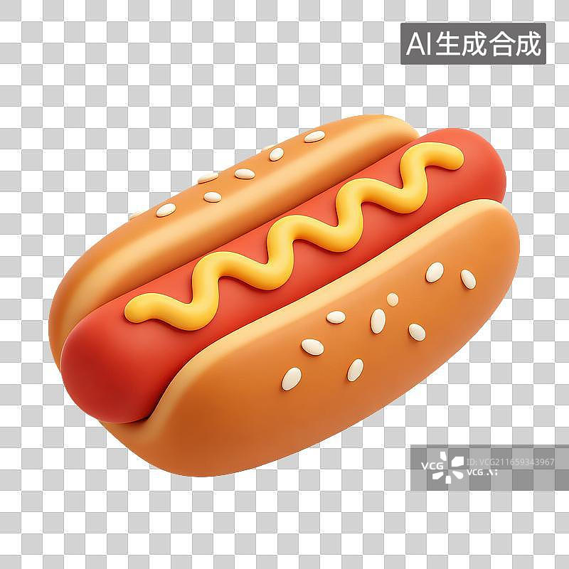 【AI数字艺术】3D轻拟物热狗面包表层挤上波浪状黄色芥末酱元素图片素材