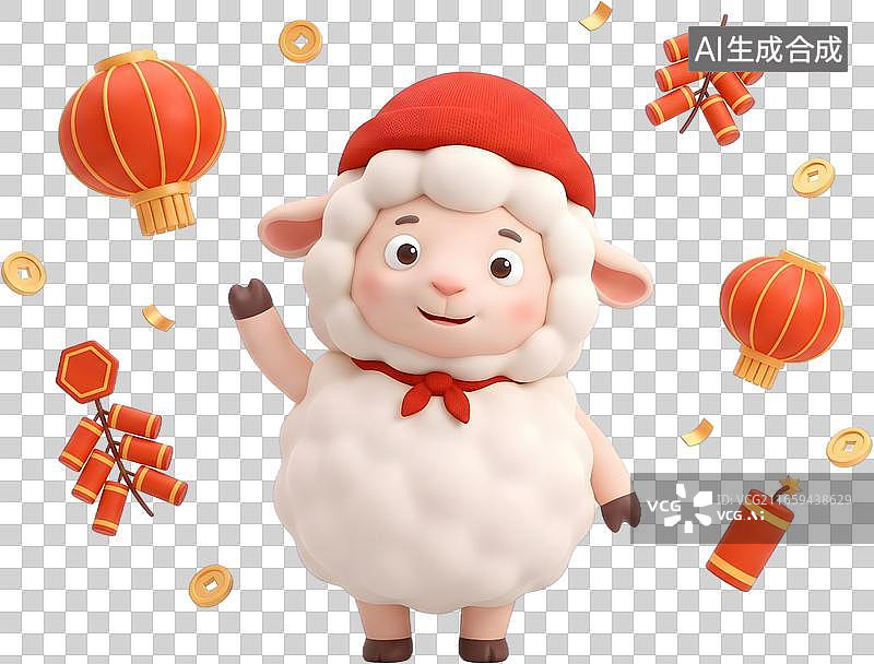 【AI数字艺术】3D卡通小羊戴红帽庆祝春节图片素材