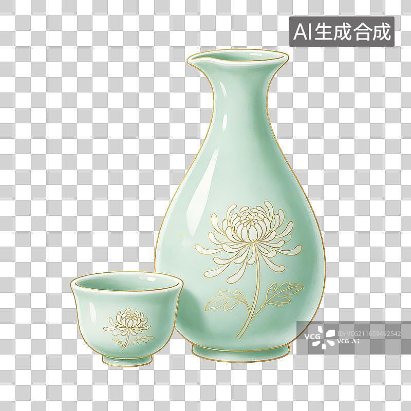 【AI数字艺术】青瓷描金菊花纹酒壶酒盏国风插画图片素材