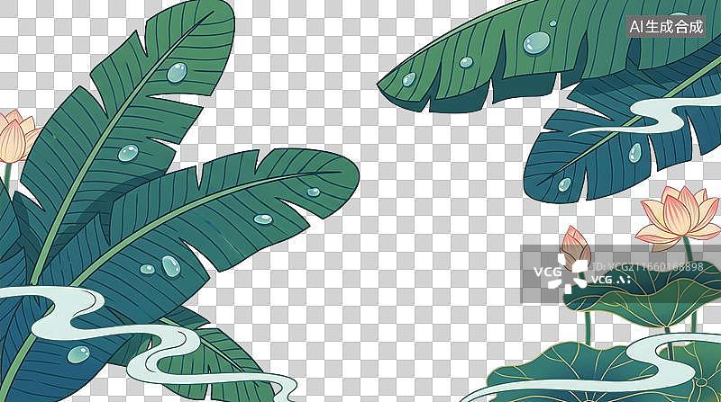 【AI数字艺术】清新绿色芭蕉叶与粉色荷花插画图片素材