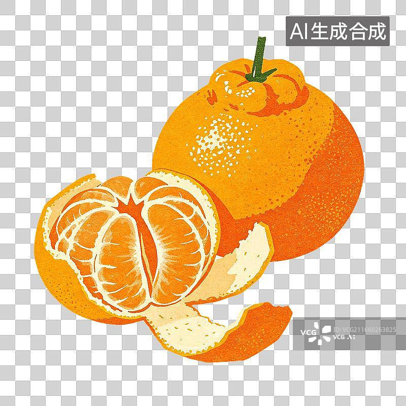【AI数字艺术】剥开的橘子与完整橘子插画图片素材