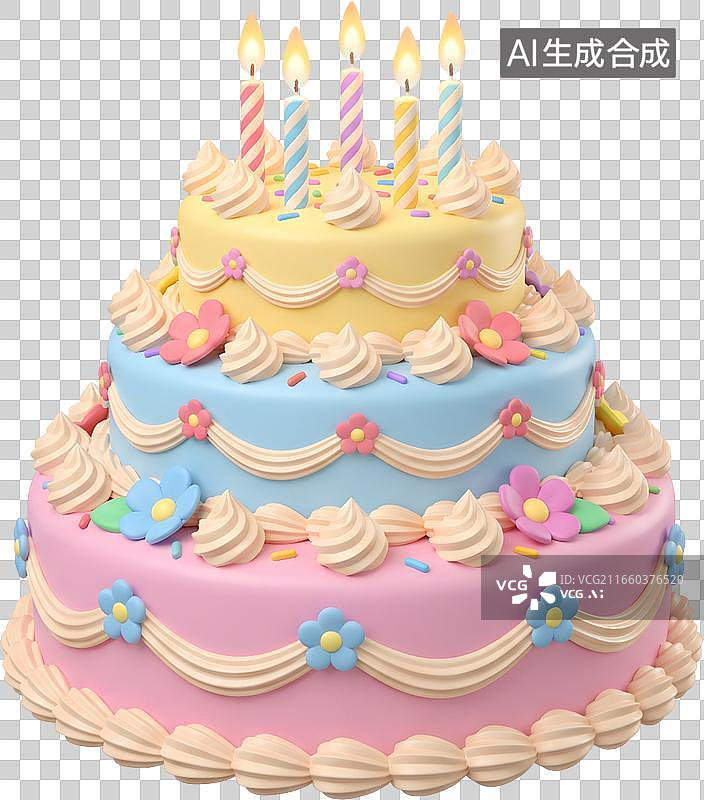 【AI数字艺术】三层彩色生日蛋糕配蜡烛图片素材