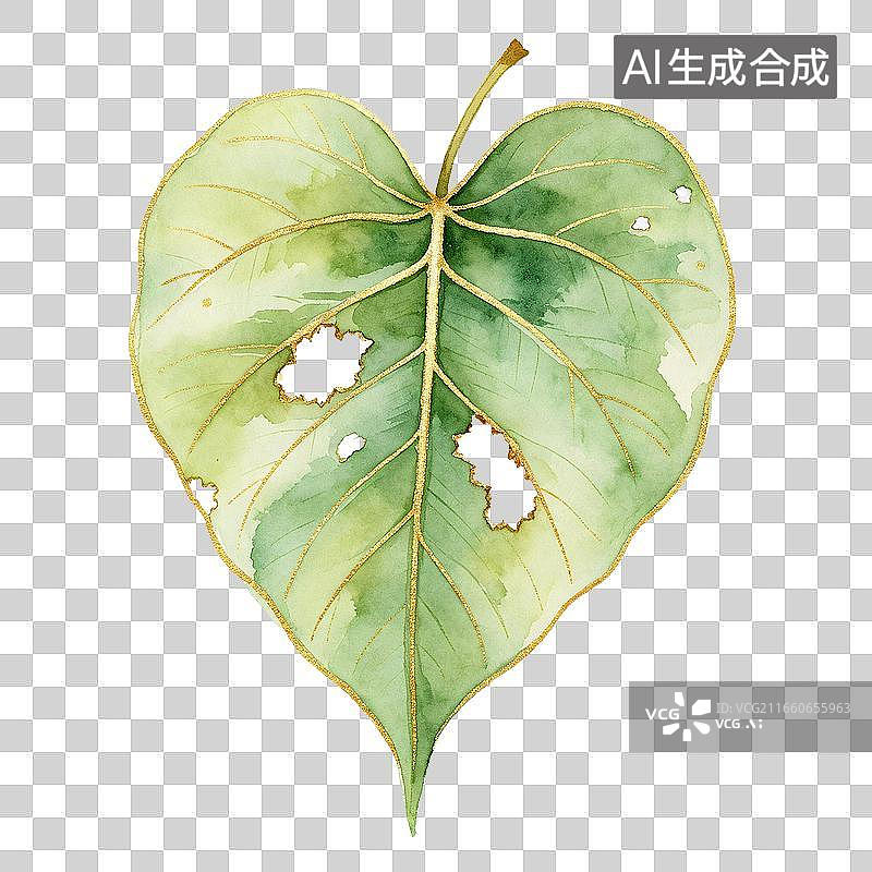 【AI数字艺术】心形绿色叶片带虫洞水彩画图片素材