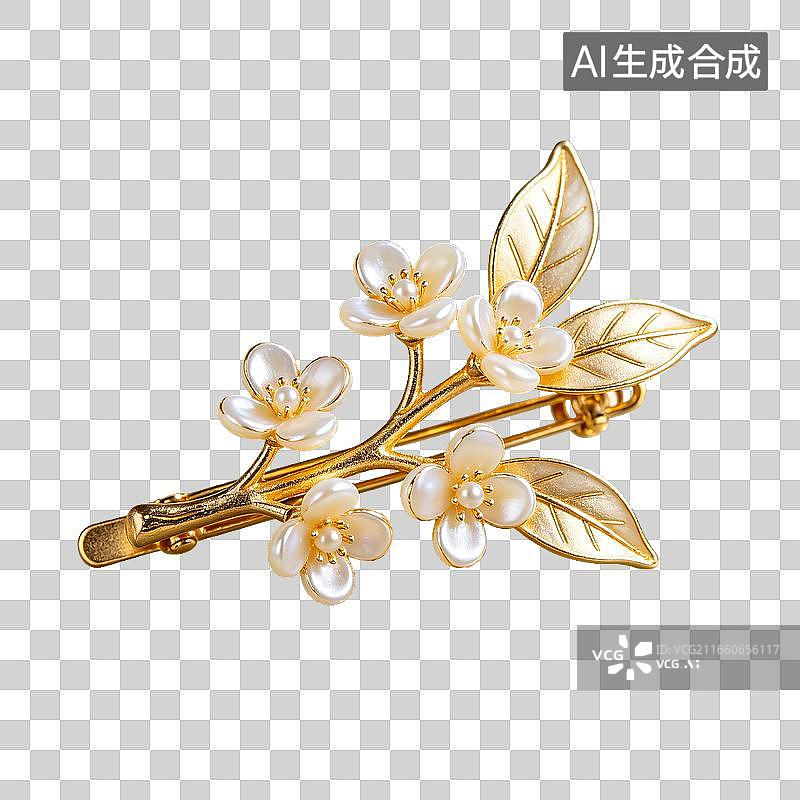 【AI数字艺术】金色枝条珍珠花朵叶子发夹饰品图片素材