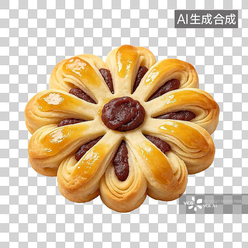 【AI数字艺术】花朵造型红豆酥饼金黄酥皮点缀红馅图片素材