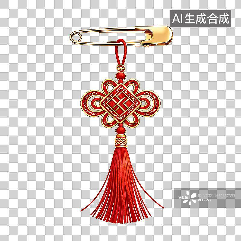 【AI数字艺术】金色别针悬挂红色中国结流苏装饰品图片素材