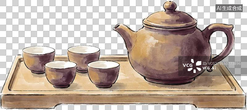【AI数字艺术】木质托盘上的紫砂茶壶与茶杯图片素材