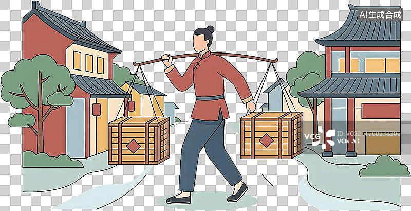 【AI数字艺术】挑夫肩挑木箱穿行古镇图片素材