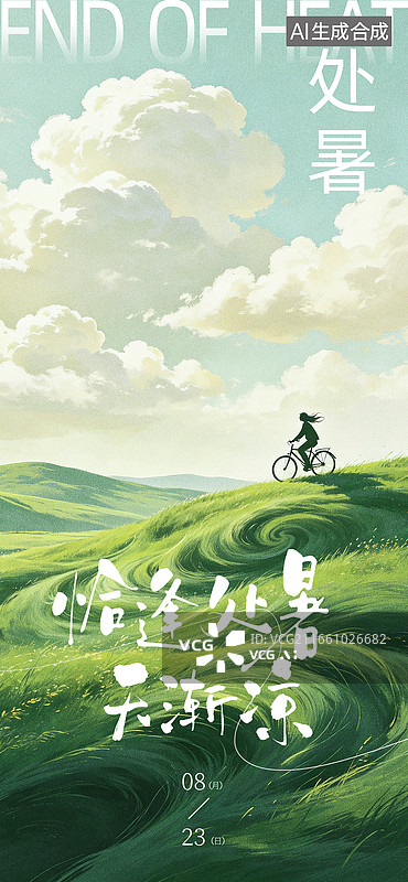 【AI数字艺术】处暑节气-草原骑行治愈系插画竖版海报图片素材