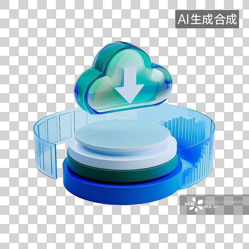 【AI数字艺术】AIGC图片免扣元素蓝色玻璃质感云图标与数据柱状图悬浮在圆形平台上的3D科技概念图图片素材
