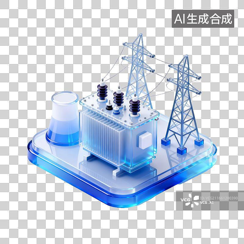 【AI数字艺术】AIGC图片免扣元素蓝色透明玻璃质感变压器与输电塔电力设施模型图片素材