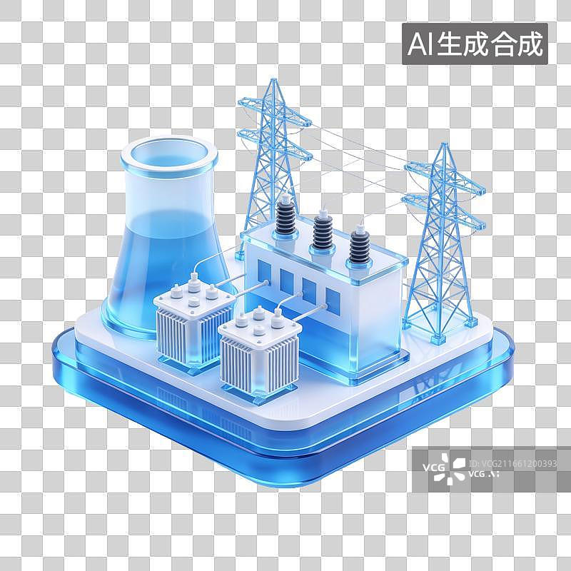 【AI数字艺术】AIGC图片免扣元素蓝色透明玻璃质感变压器与输电塔电力设施模型图片素材