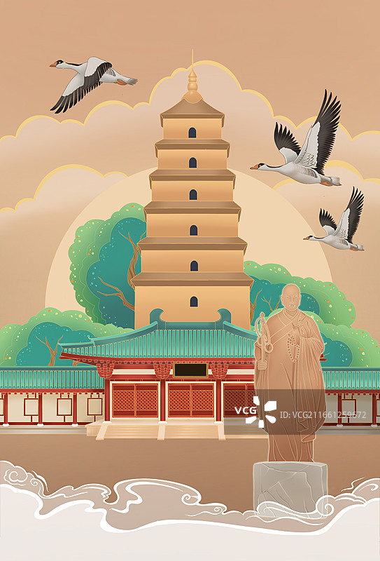 西安地标建筑——大雁塔插画图片素材