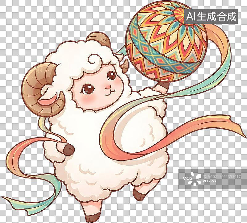 【AI数字艺术】羊年小羊手持彩色绣球免抠PNG元素图片素材