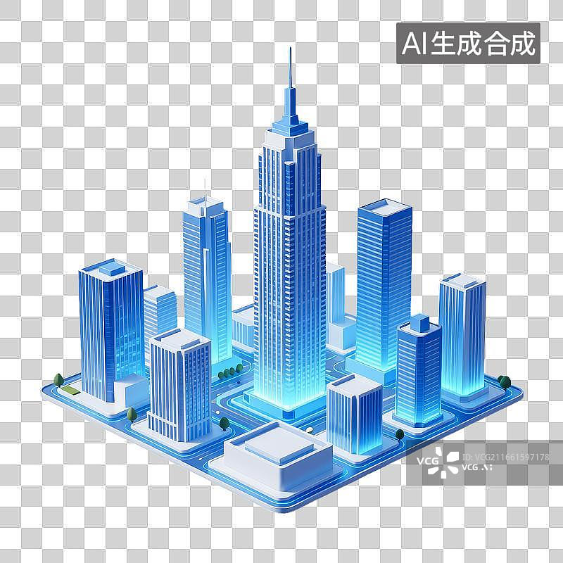 【AI数字艺术】蓝色发光现代城市建筑群立体模型图片素材