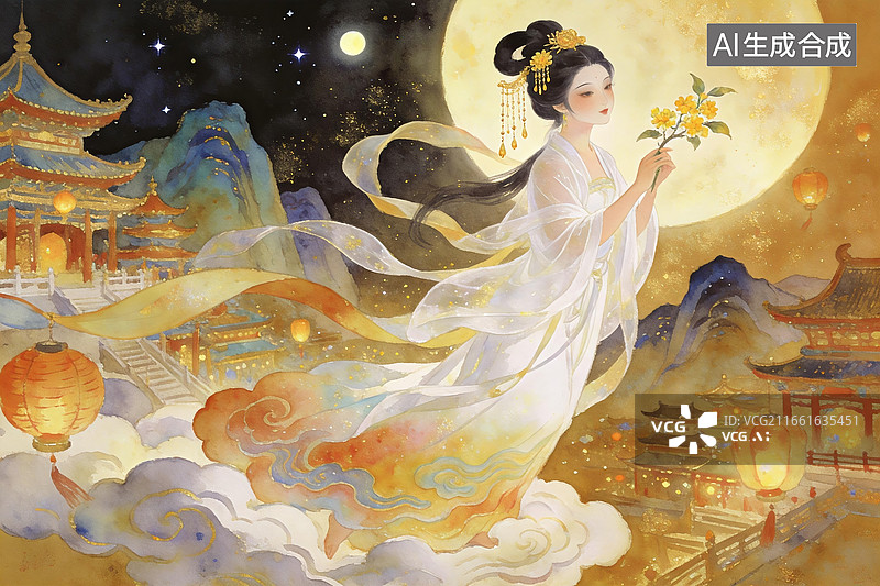 【AI数字艺术】国风岩彩插画神话故事嫦娥奔月手拿桂花图片素材