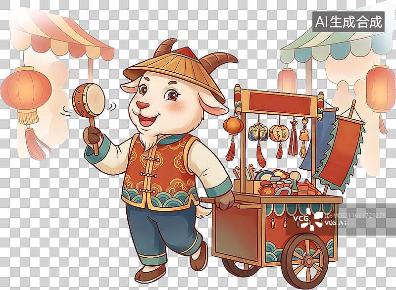 【AI数字艺术】卡通羊推美食车敲锣图片素材