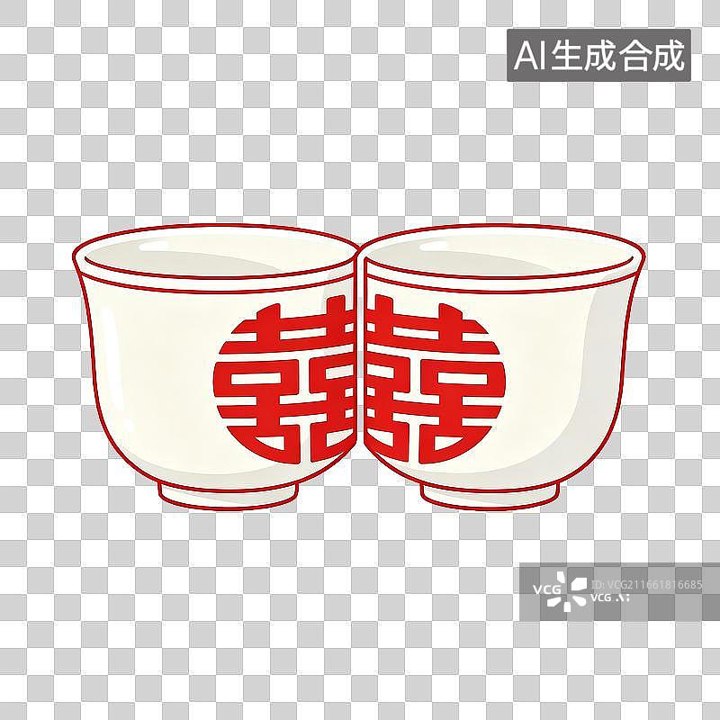【AI数字艺术】两只绘有双喜字的白色酒杯并排摆放图片素材