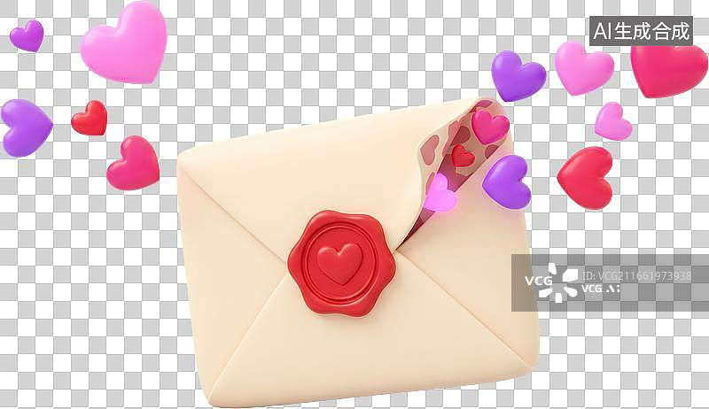 【AI数字艺术】3D信封蜡封爱心飞出图片素材