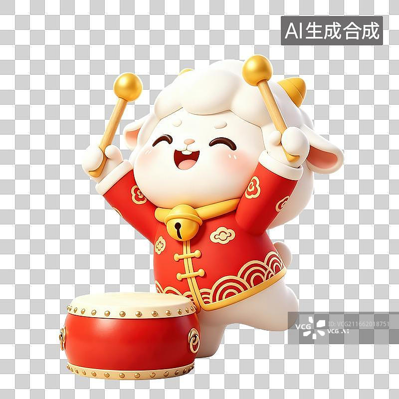 【AI数字艺术】卡通萌羊敲鼓互动羊年新年IP形象3D素材图片素材