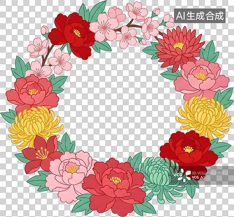 【AI数字艺术】多彩牡丹菊花组成的圆形花环图片素材